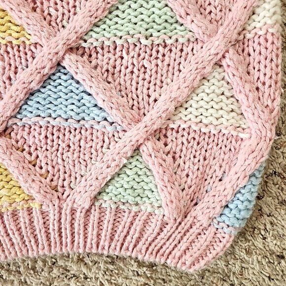 Vintage Pink Chunky Knit Sweater Vest 3D Knit Argyle 80s Pastel Fairy Kei Preppy - Picture 3 of 16